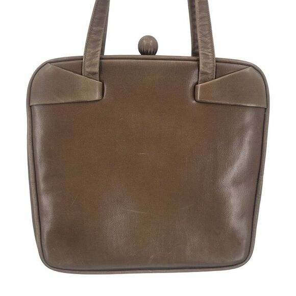 Vintage 60s 50s Brown Leather Handbag Framed Square Double Handles Satin Lining - Picture 2 of 11